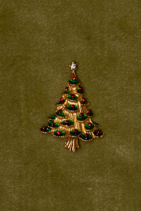 Dovì | spilla vintage albero di Natale in metallo dorato con sfere rosse